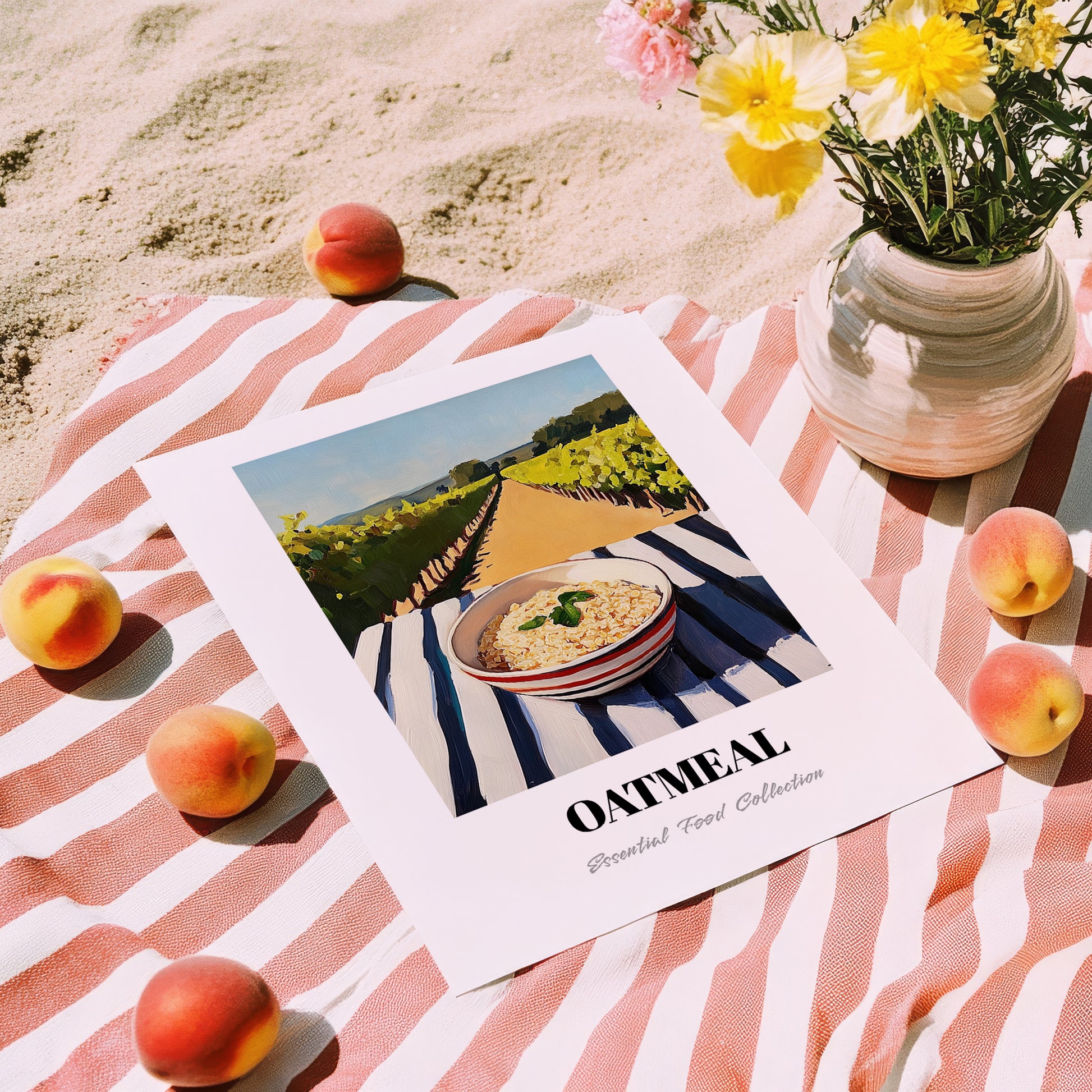 Oatmeal – Hilltop Table Scene, American Food Wall Art, unframed on coastal sand