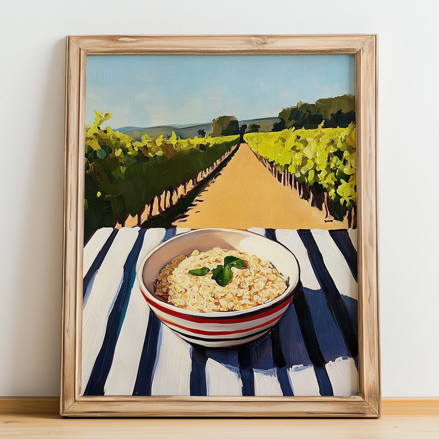 Oatmeal – Hilltop Table Scene, American Food Wall Art, no-text version framed in wood
