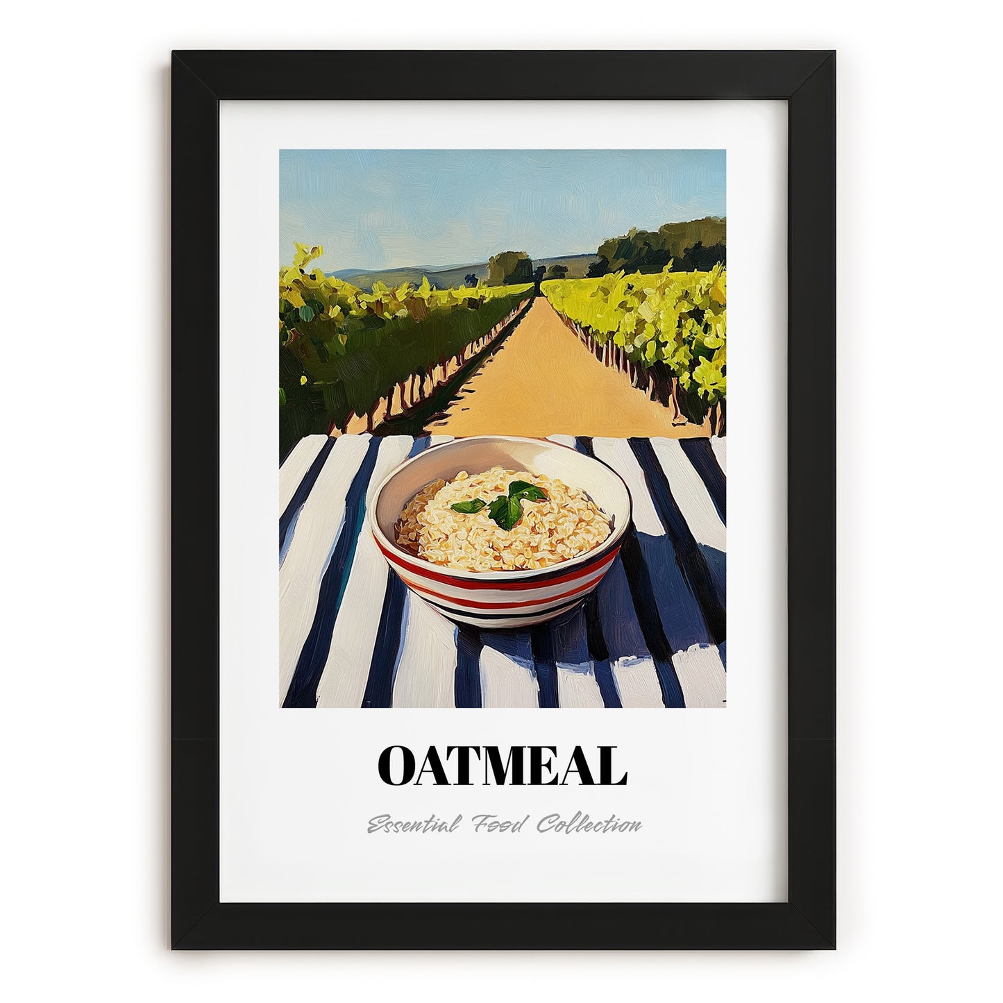 Oatmeal – Hilltop Table Scene, American Food Wall Art, in sleek black frame