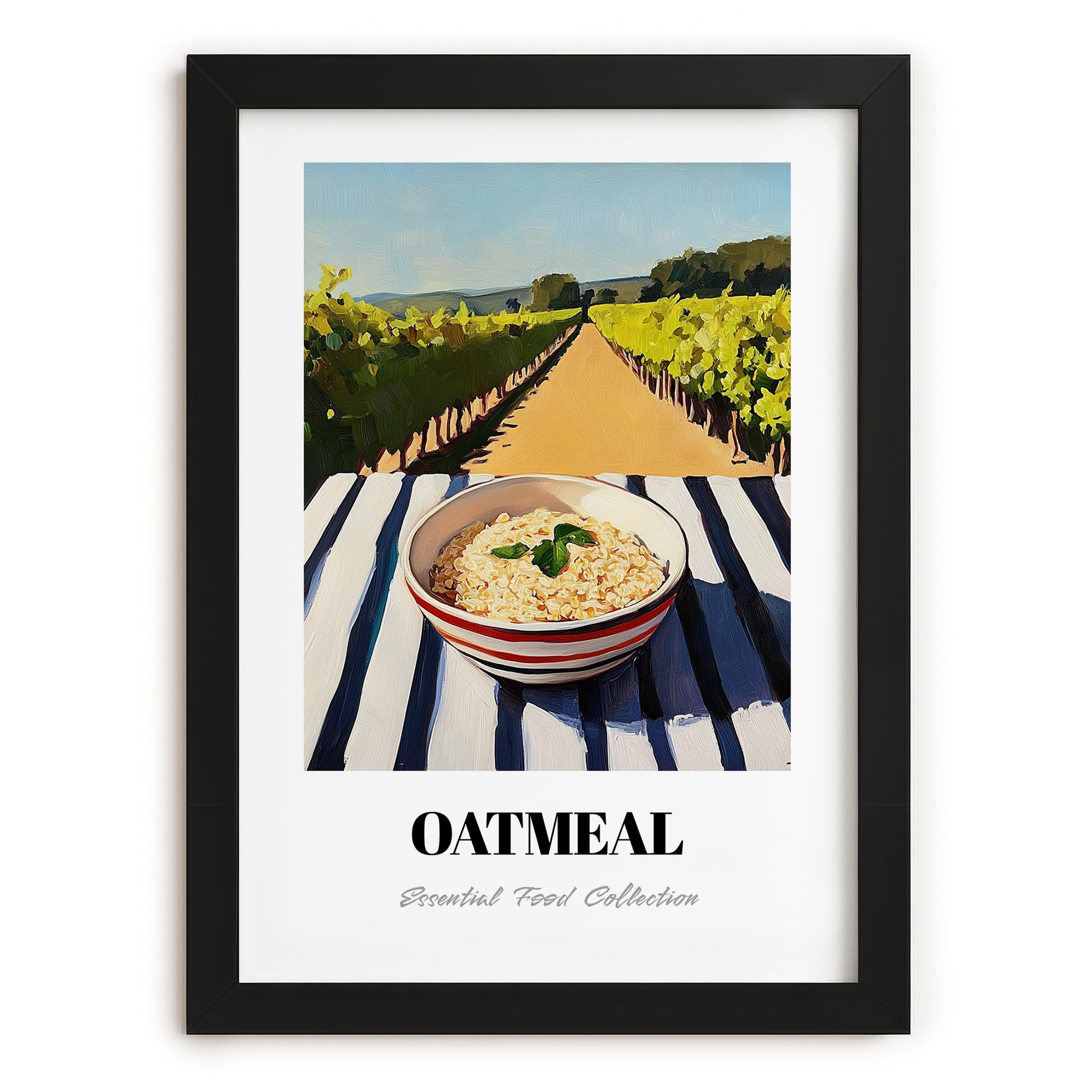 Oatmeal – Hilltop Table Scene, American Food Wall Art, in sleek black frame