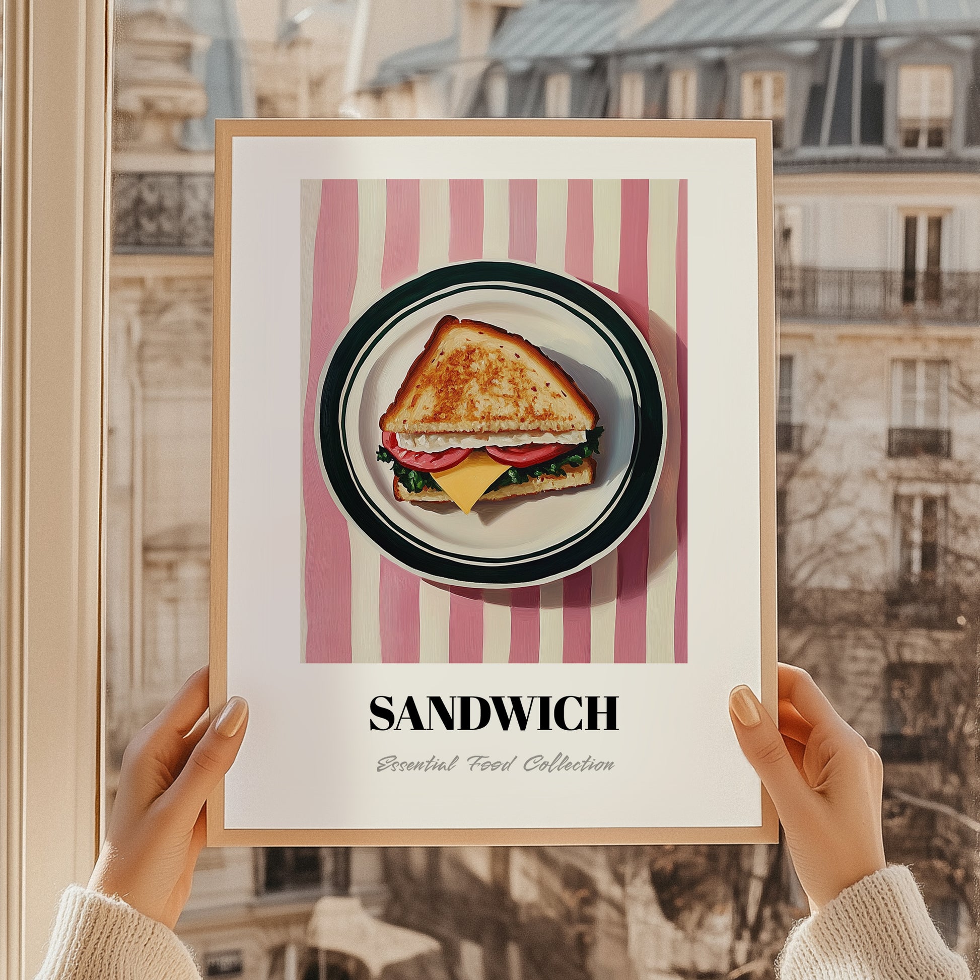 Sandwich – on Striped Tablecloth, British Food Still Life, styled in a charming Paris street view