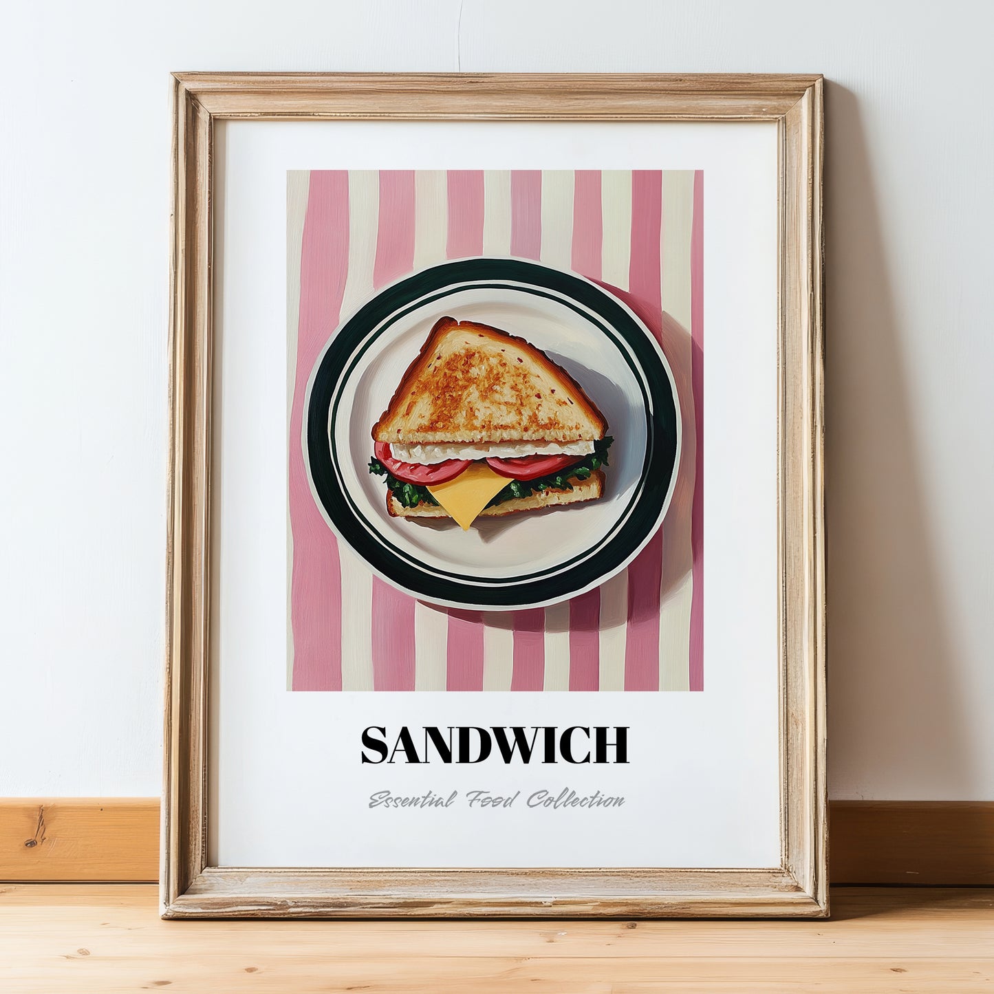 Sandwich – on Striped Tablecloth, British Food Still Life, in wooden frame leaning on the floor