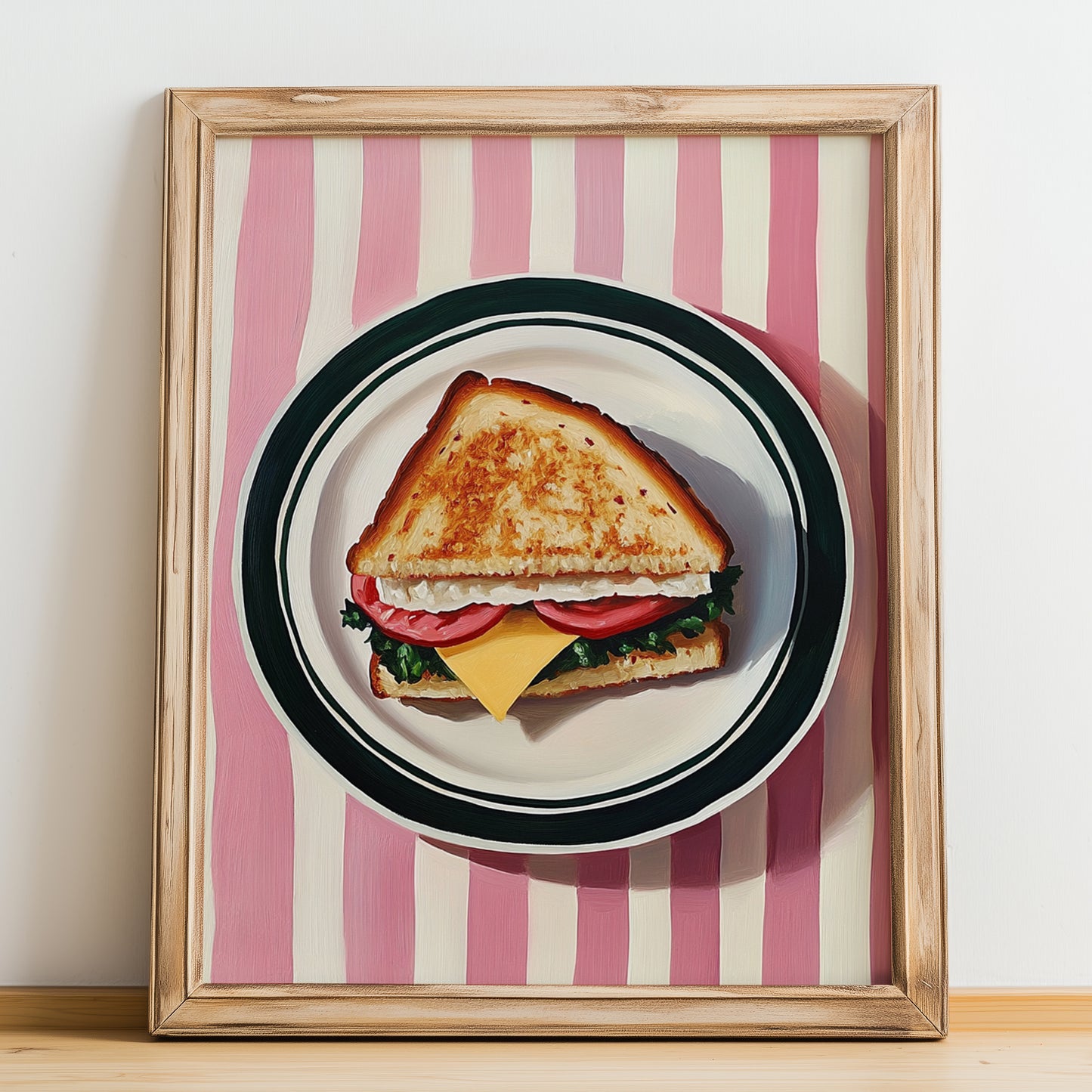 Sandwich – on Striped Tablecloth, British Food Still Life, no-text version framed in wood