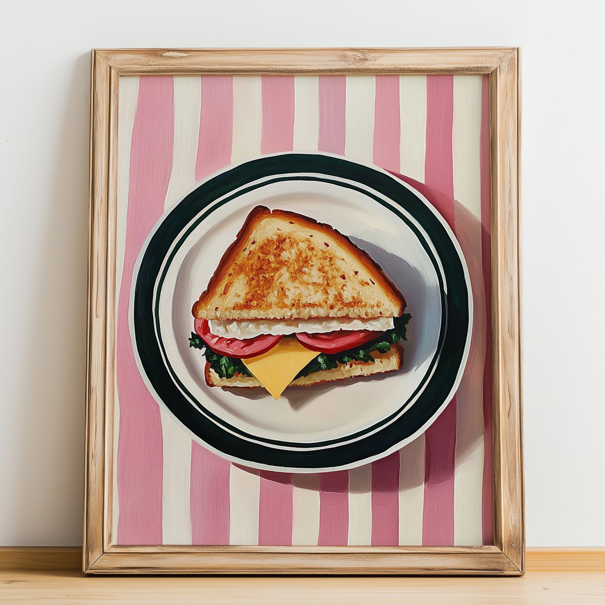 Sandwich – on Striped Tablecloth, British Food Still Life, no-text version framed in wood