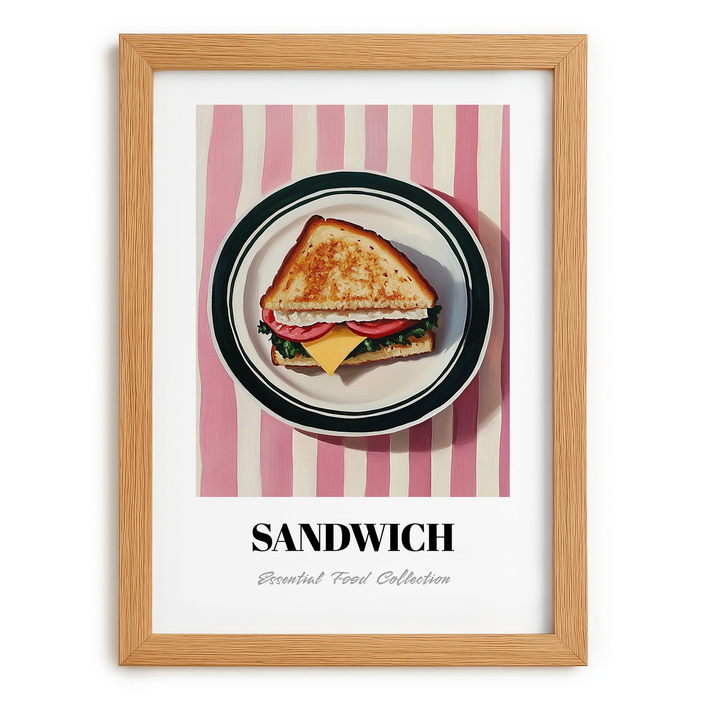 Sandwich – on Striped Tablecloth, British Food Still Life, set in oak frame