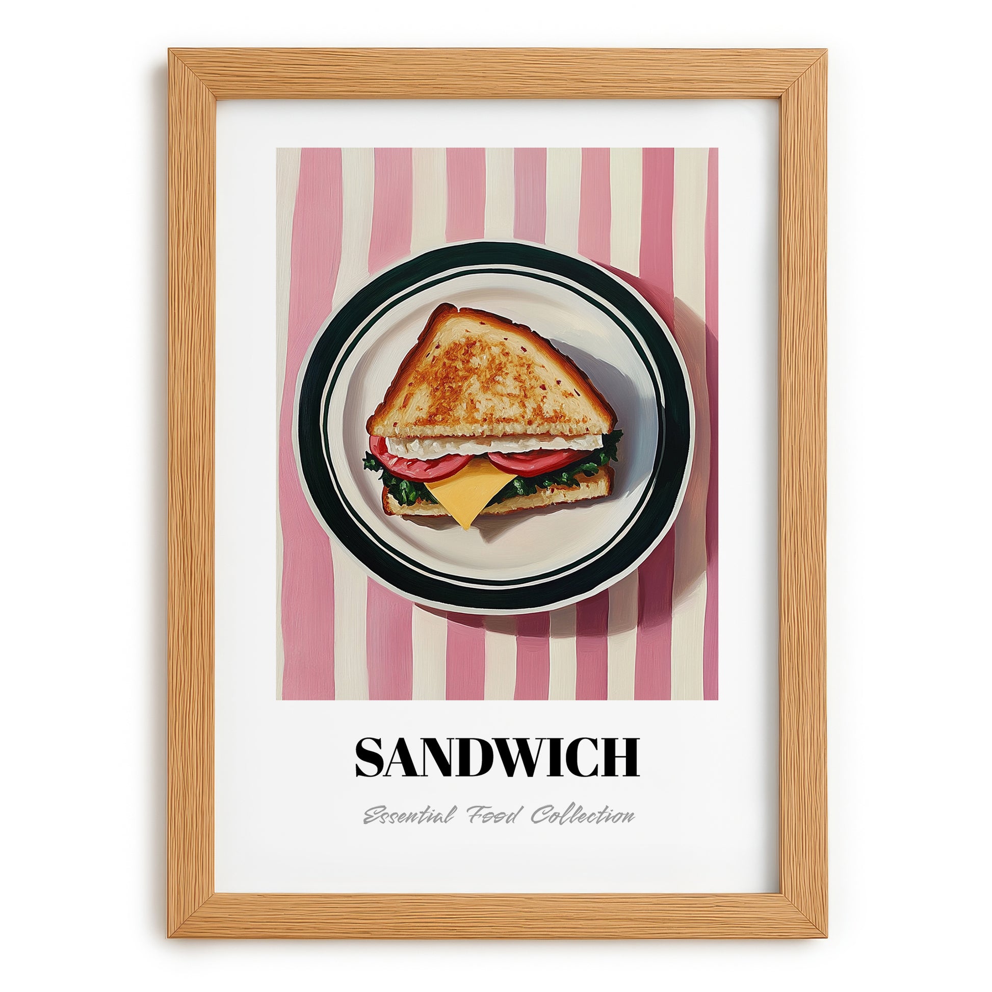 Sandwich – on Striped Tablecloth, British Food Still Life, set in oak frame