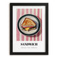 Sandwich – on Striped Tablecloth, British Food Still Life, in sleek black frame