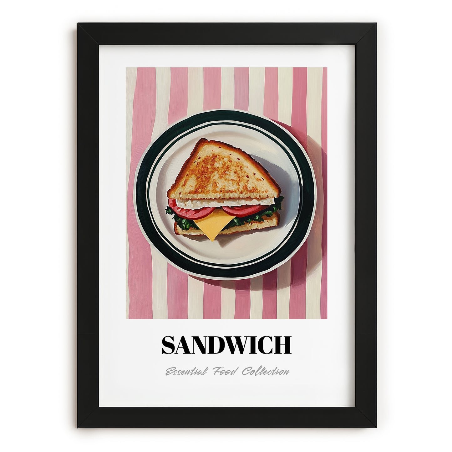 Sandwich – on Striped Tablecloth, British Food Still Life, in sleek black frame