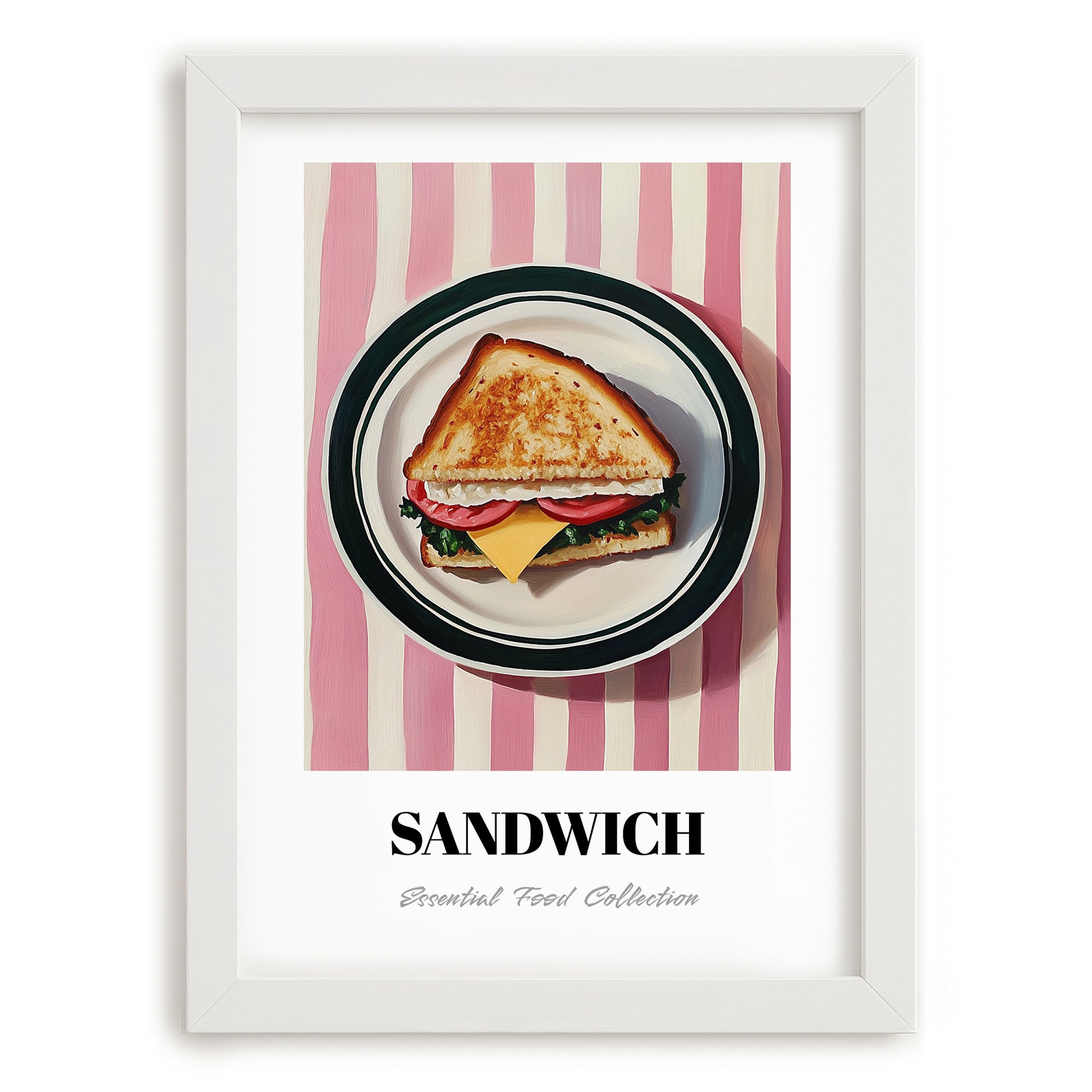 Sandwich – on Striped Tablecloth, British Food Still Life, placed in minimal white frame