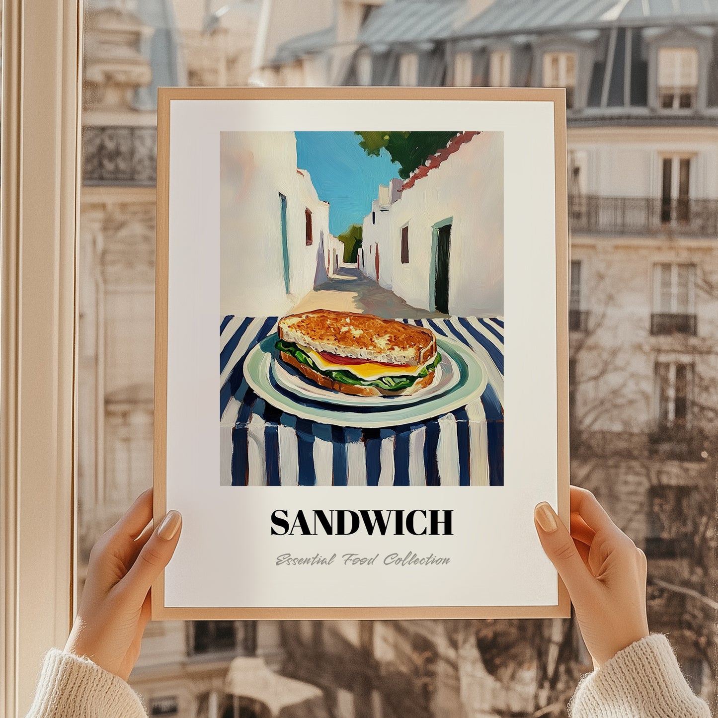Sandwich – White village Urban Café Scene, British Food Painting, styled in a charming Paris street view