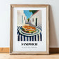 Sandwich – White village Urban Café Scene, British Food Painting, in wooden frame leaning on the floor