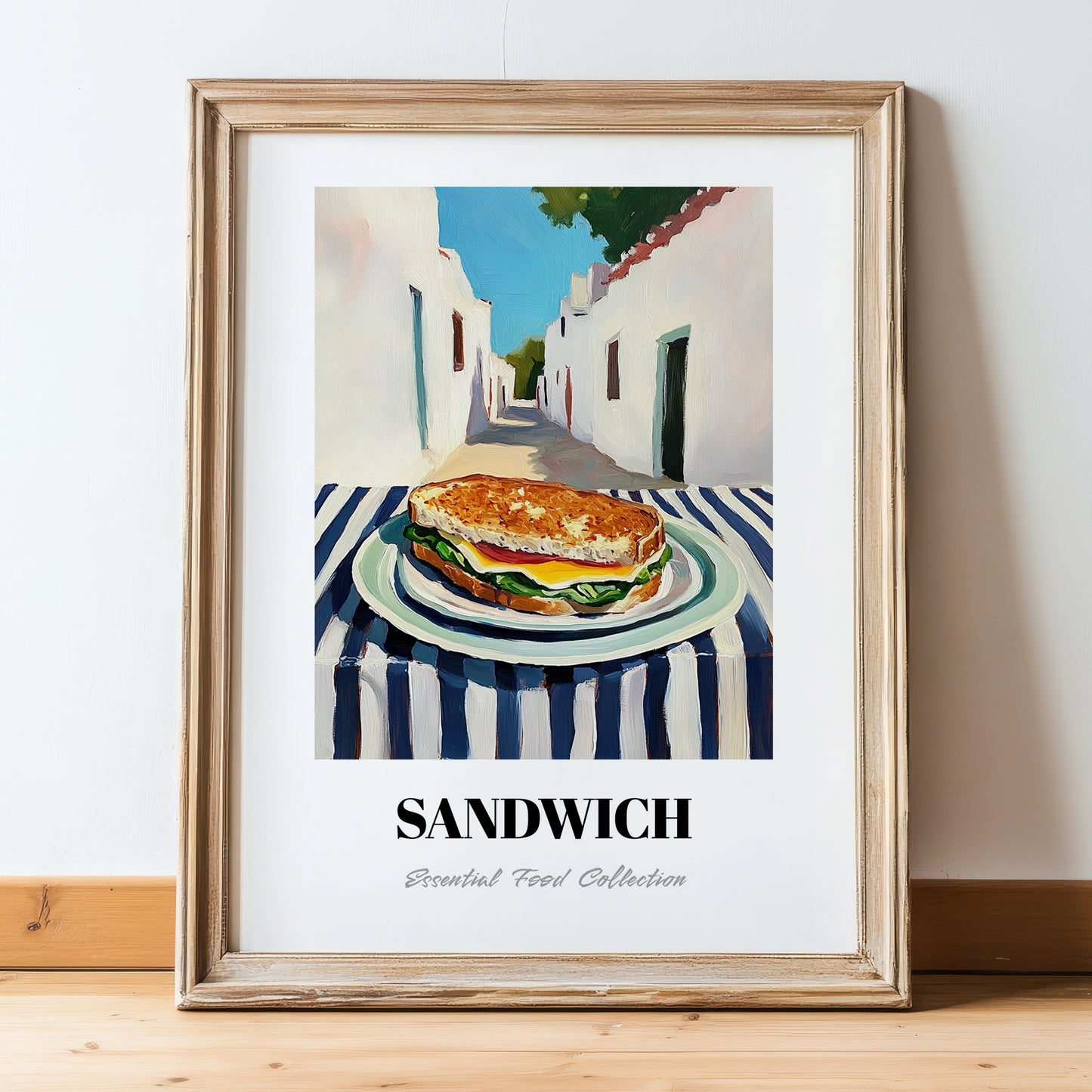 Sandwich – White village Urban Café Scene, British Food Painting, in wooden frame leaning on the floor