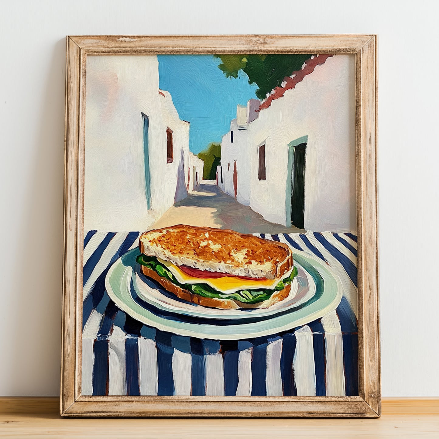 Sandwich – White village Urban Café Scene, British Food Painting, no-text version framed in wood