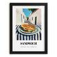 Sandwich – White village Urban Café Scene, British Food Painting, in sleek black frame