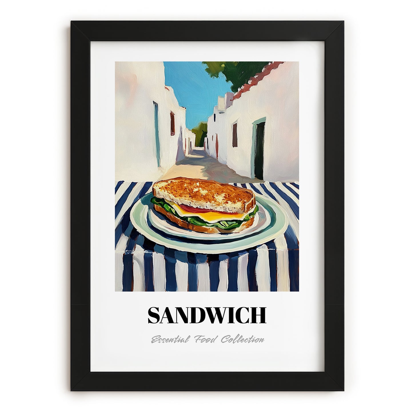 Sandwich – White village Urban Café Scene, British Food Painting, in sleek black frame