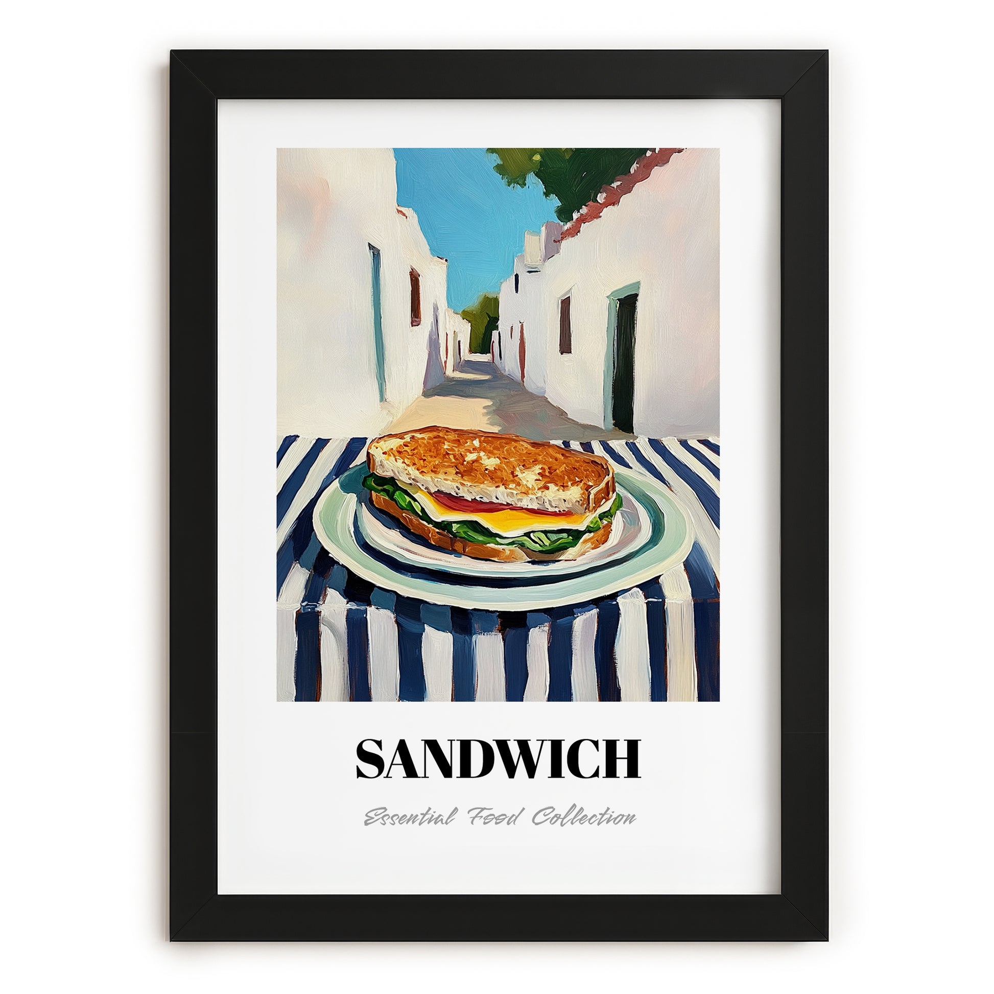 Sandwich – White village Urban Café Scene, British Food Painting, in sleek black frame