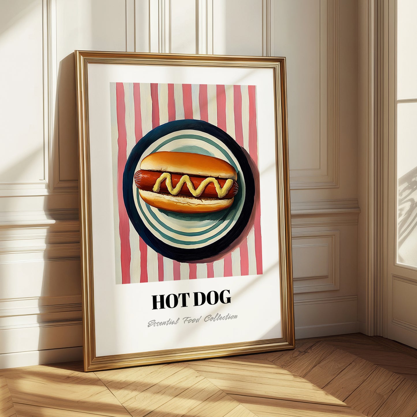 Hot Dog – on Striped Tablecloth, American Food Print