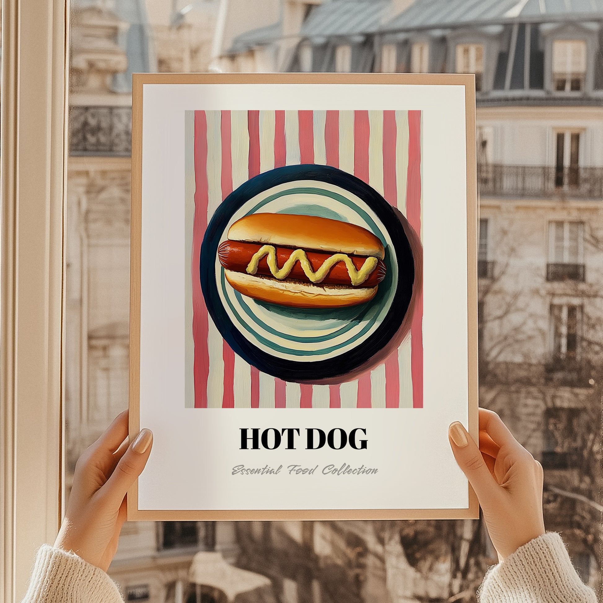 Hot Dog – on Striped Tablecloth, American Food Print, styled in a charming Paris street view