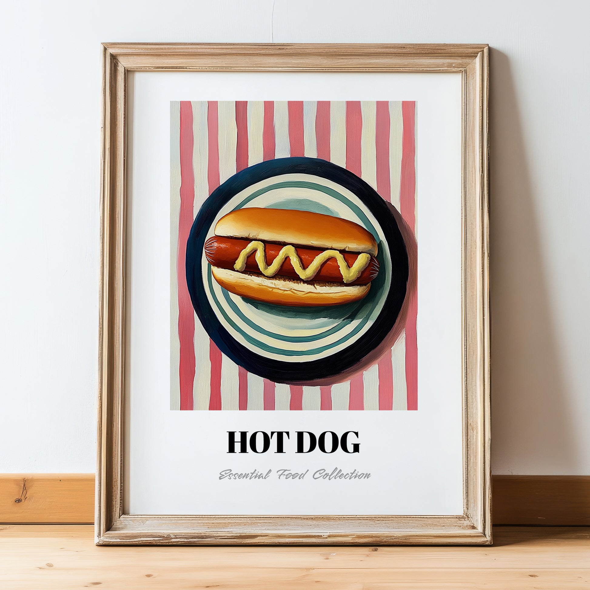 Hot Dog – on Striped Tablecloth, American Food Print, in wooden frame leaning on the floor