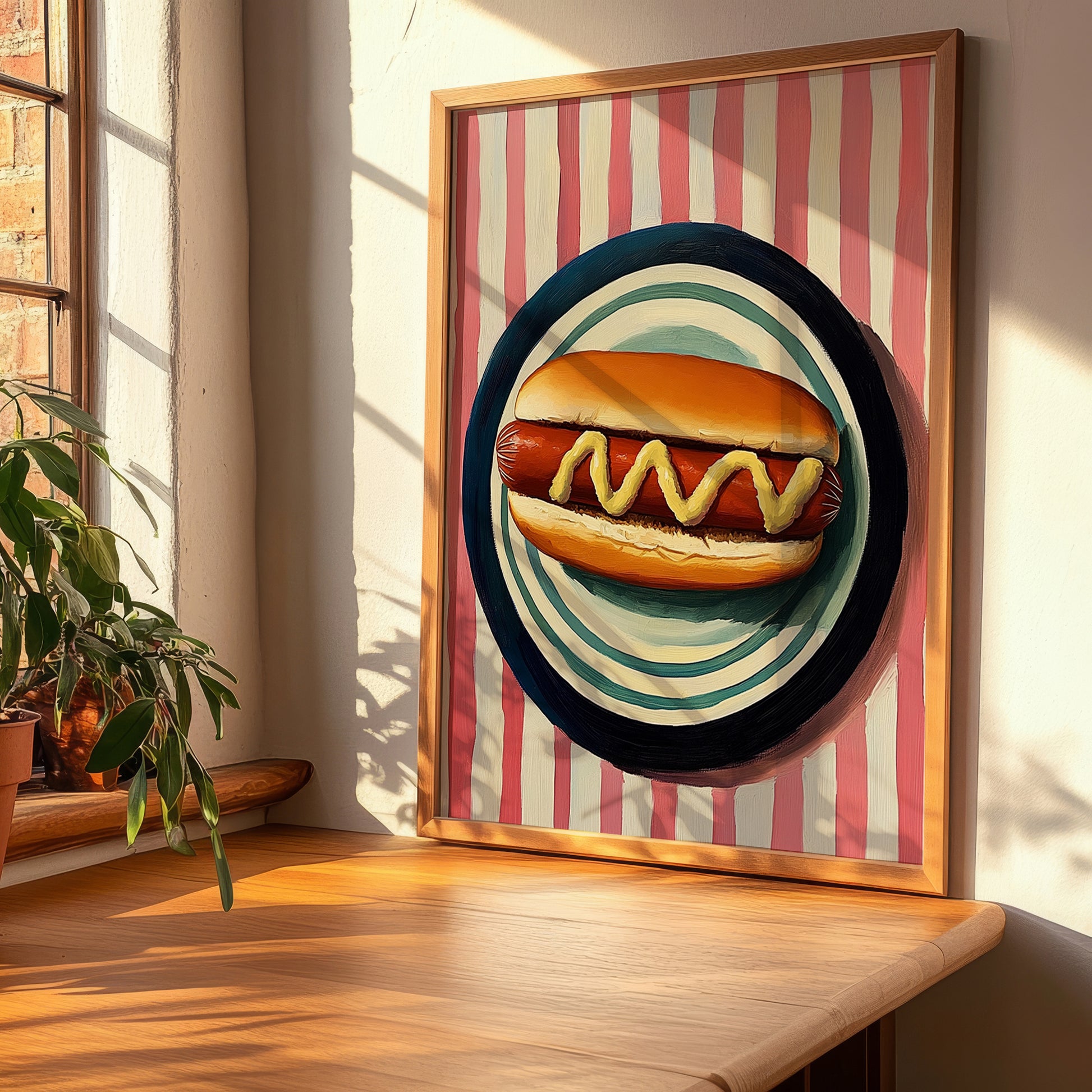 Hot Dog – on Striped Tablecloth, American Food Print, clean layout with no caption