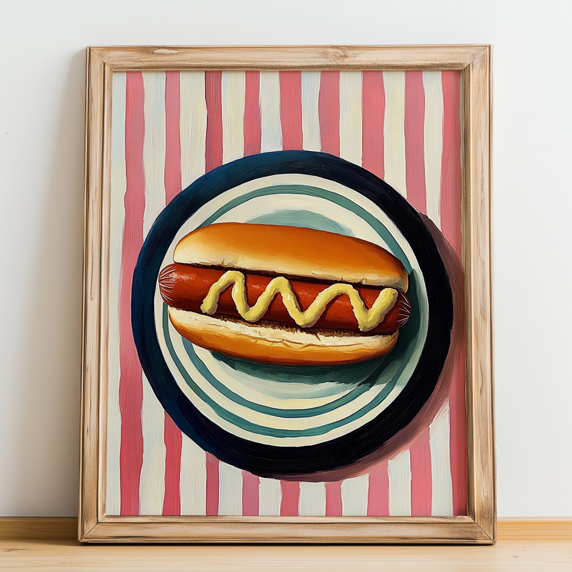 Hot Dog – on Striped Tablecloth, American Food Print, no-text version framed in wood
