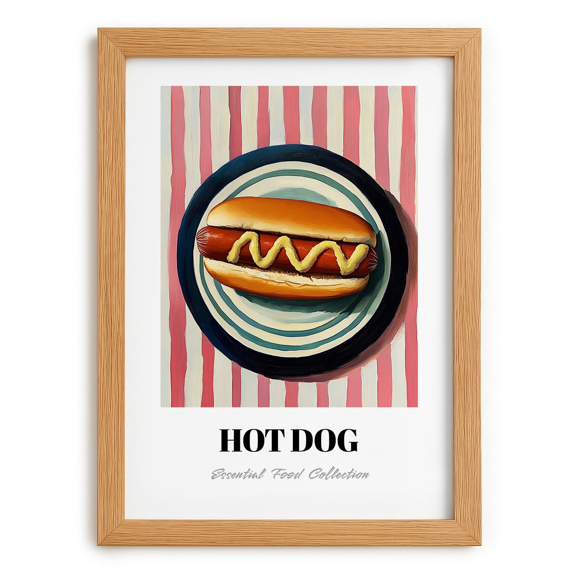 Hot Dog – on Striped Tablecloth, American Food Print, set in oak frame
