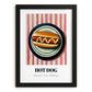 Hot Dog – on Striped Tablecloth, American Food Print, in sleek black frame