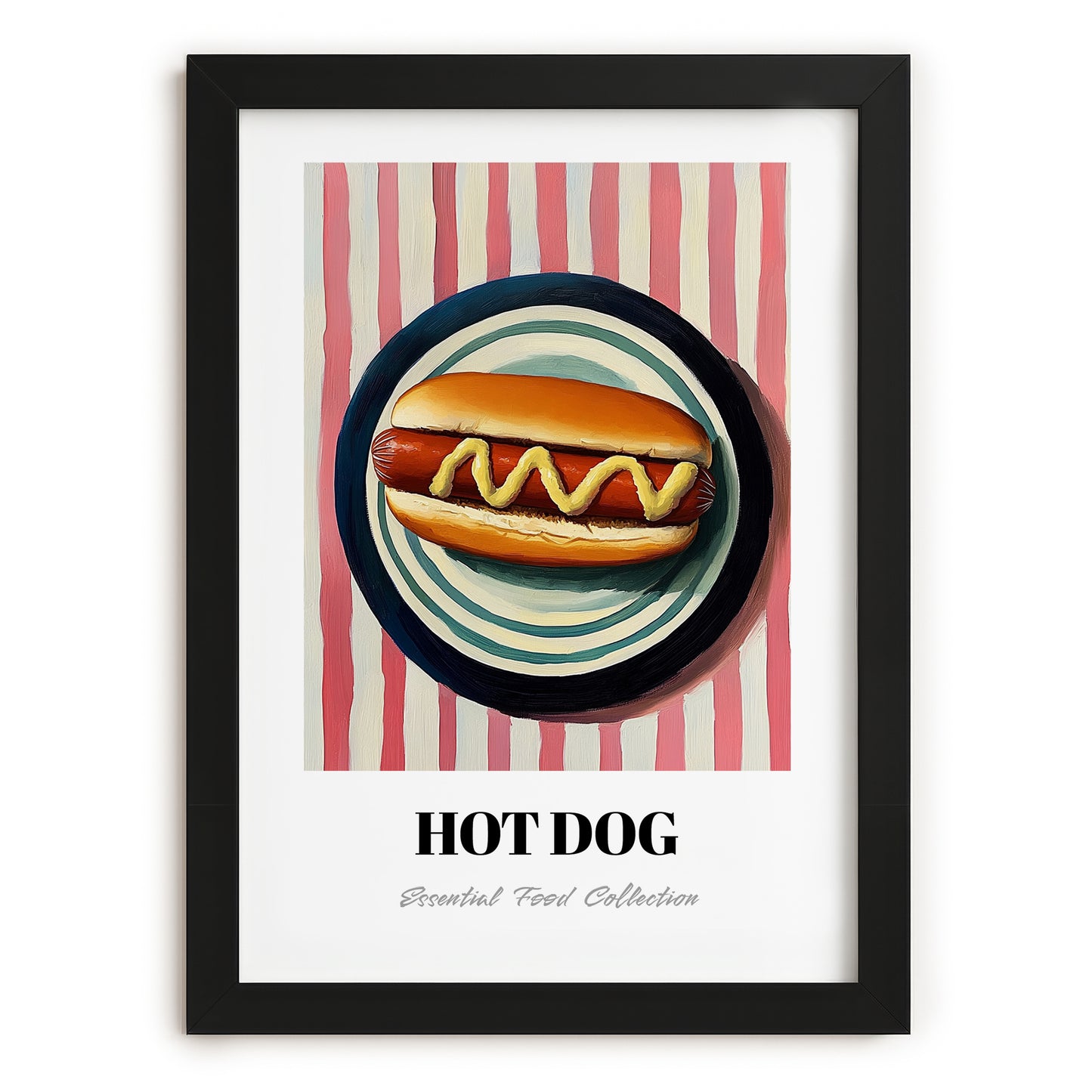 Hot Dog – on Striped Tablecloth, American Food Print, in sleek black frame