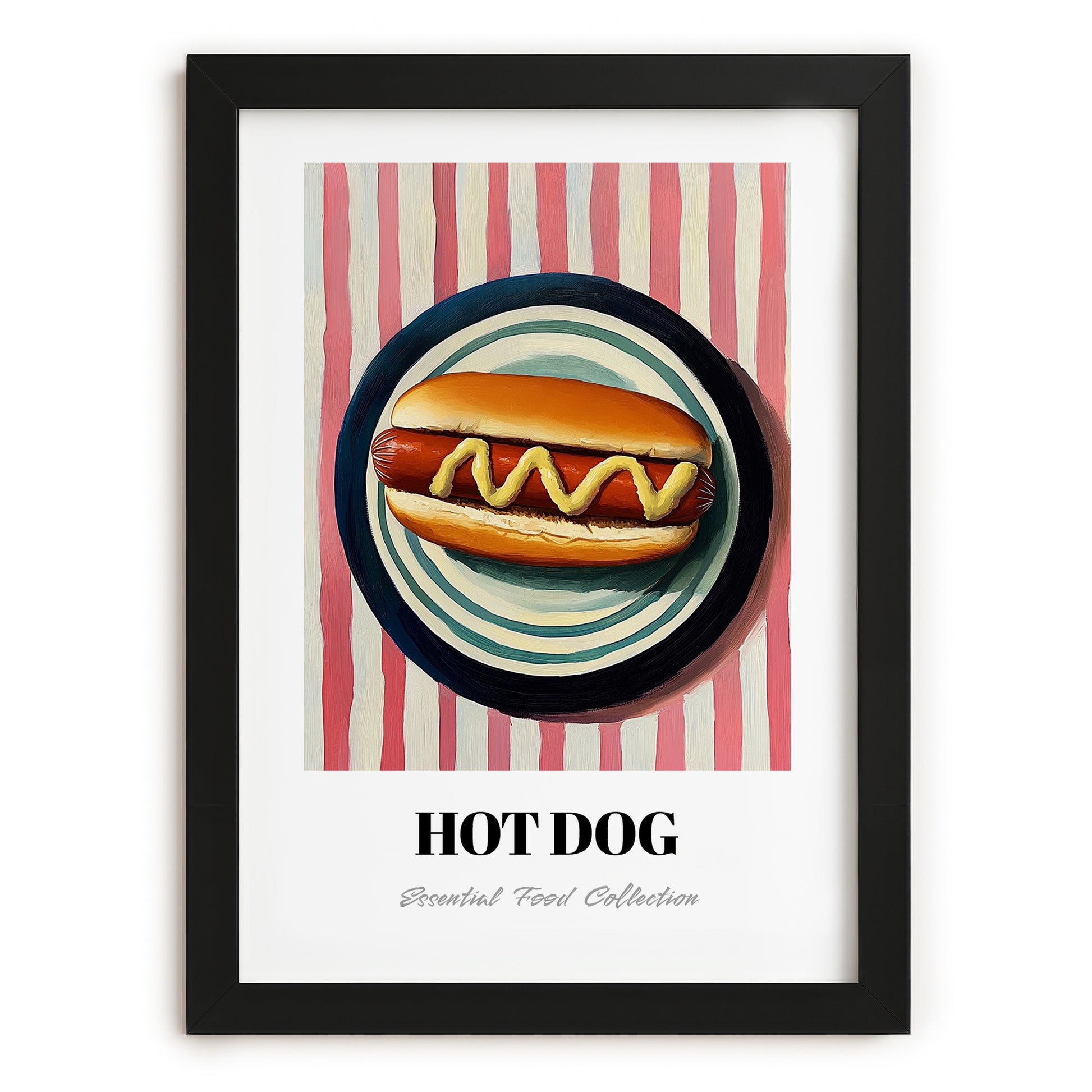 Hot Dog – on Striped Tablecloth, American Food Print, in sleek black frame