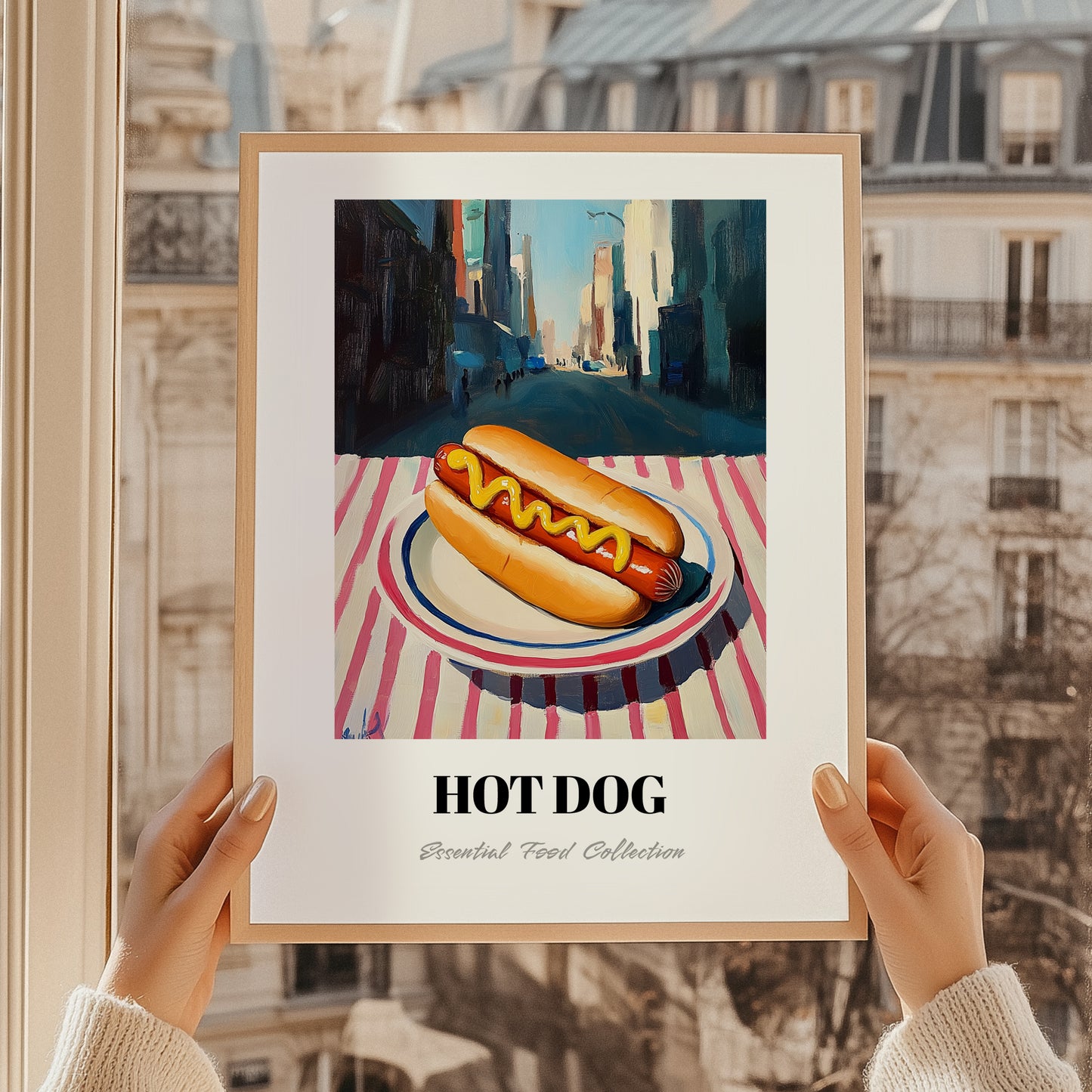 Hot Dog – New York Street Café Scene, American Food Still Life, styled in a charming Paris street view