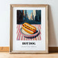 Hot Dog – New York Street Café Scene, American Food Still Life, in wooden frame leaning on the floor