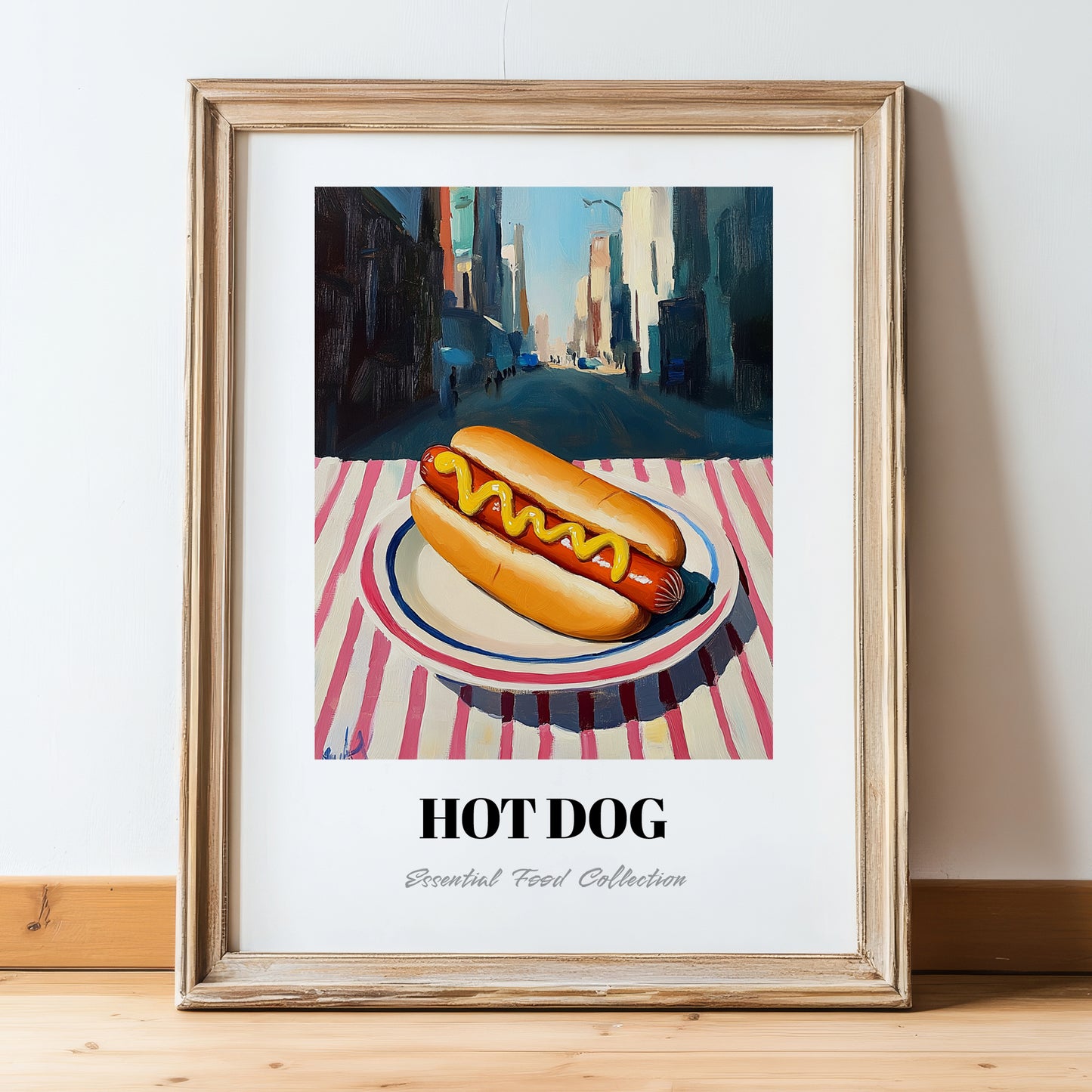 Hot Dog – New York Street Café Scene, American Food Still Life, in wooden frame leaning on the floor