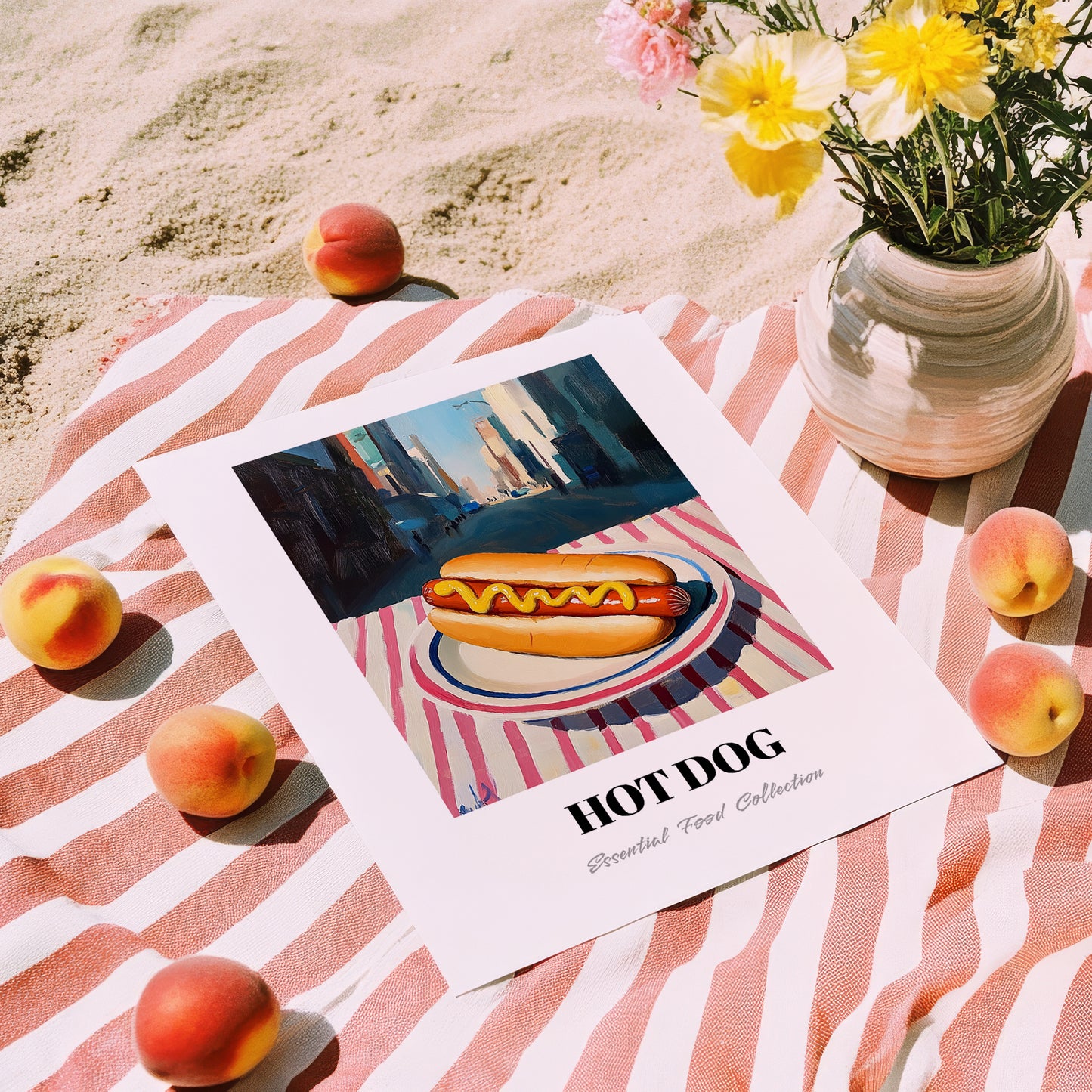 Hot Dog – New York Street Café Scene, American Food Still Life, unframed on coastal sand