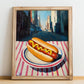 Hot Dog – New York Street Café Scene, American Food Still Life, no-text version framed in wood