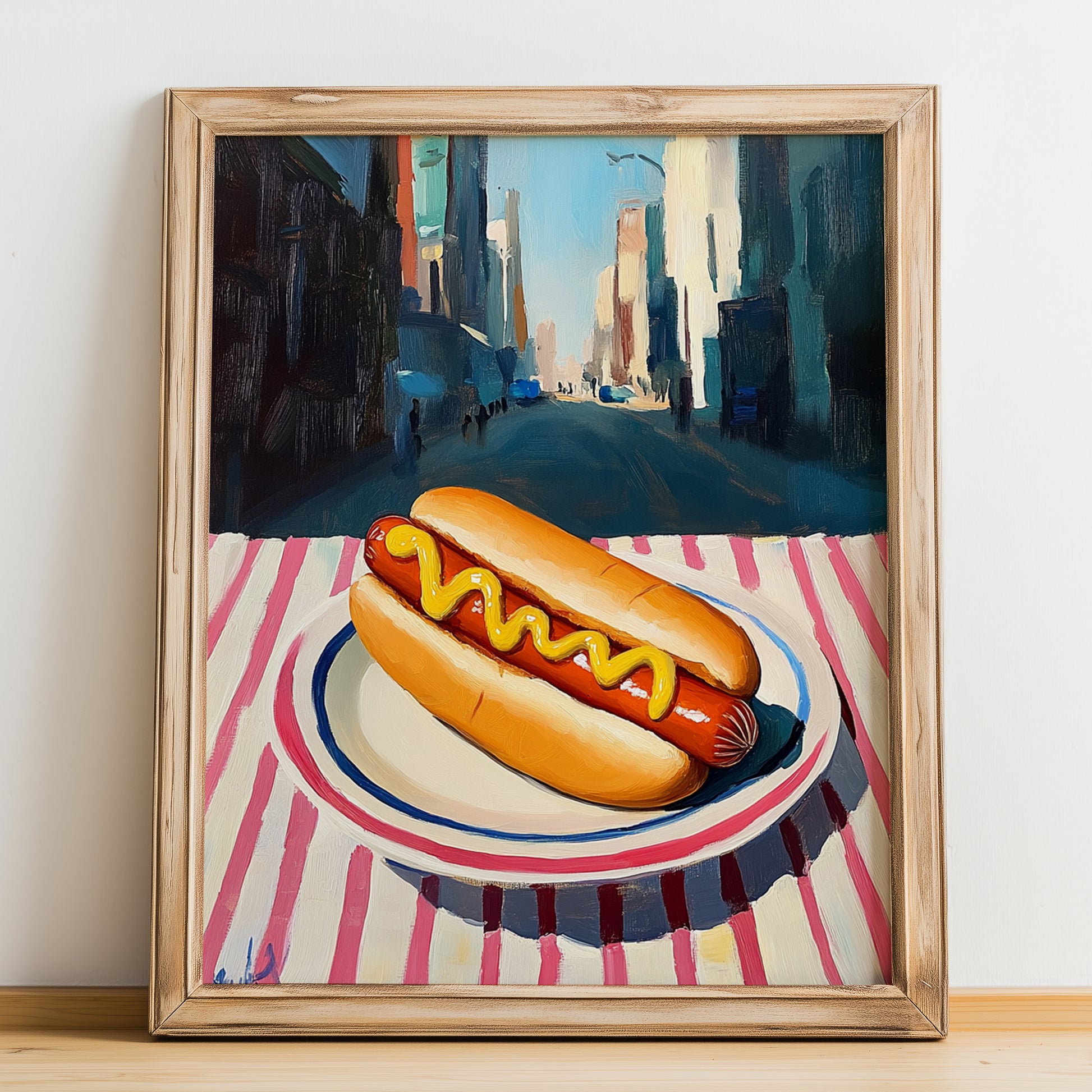 Hot Dog – New York Street Café Scene, American Food Still Life, no-text version framed in wood