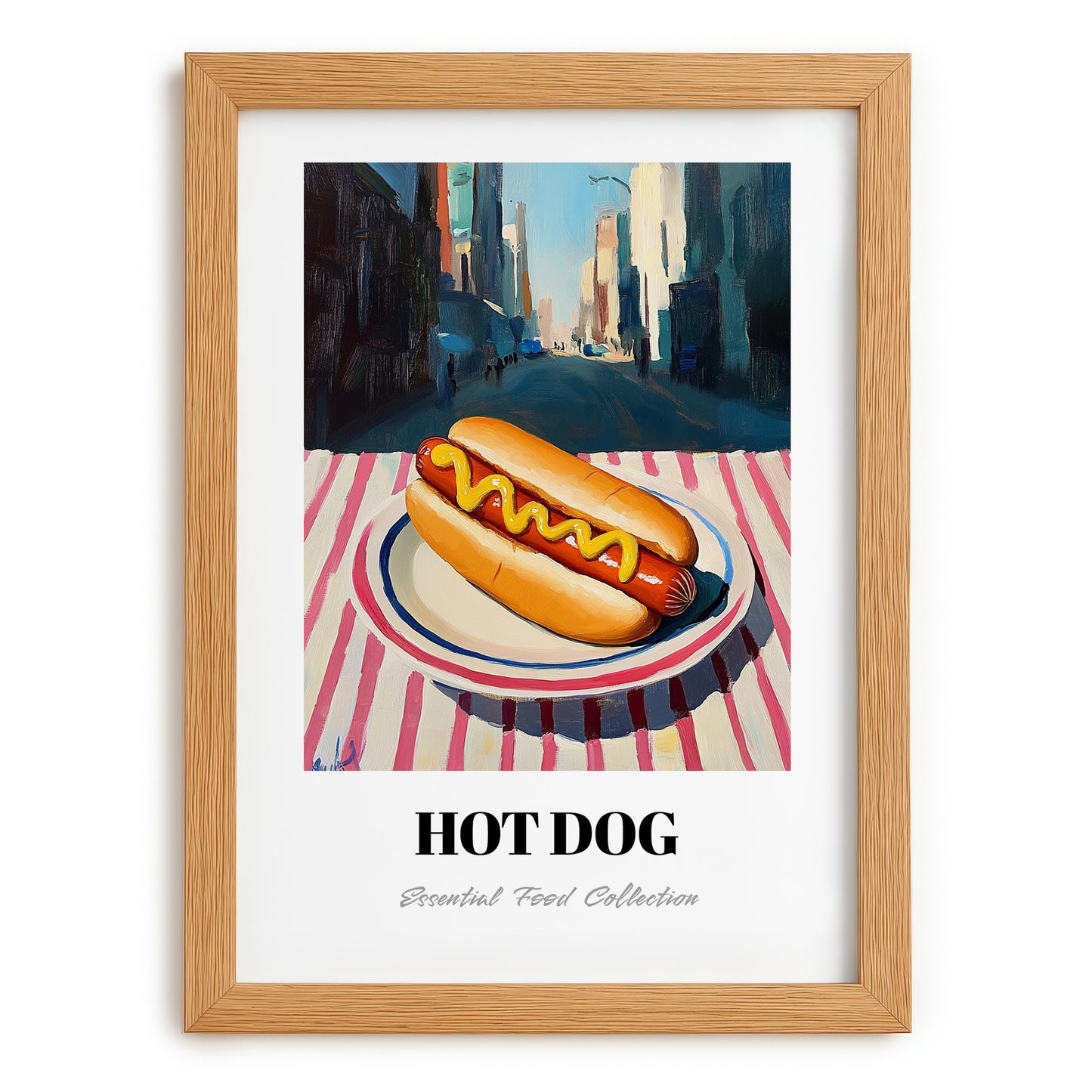 Hot Dog – New York Street Café Scene, American Food Still Life, set in oak frame