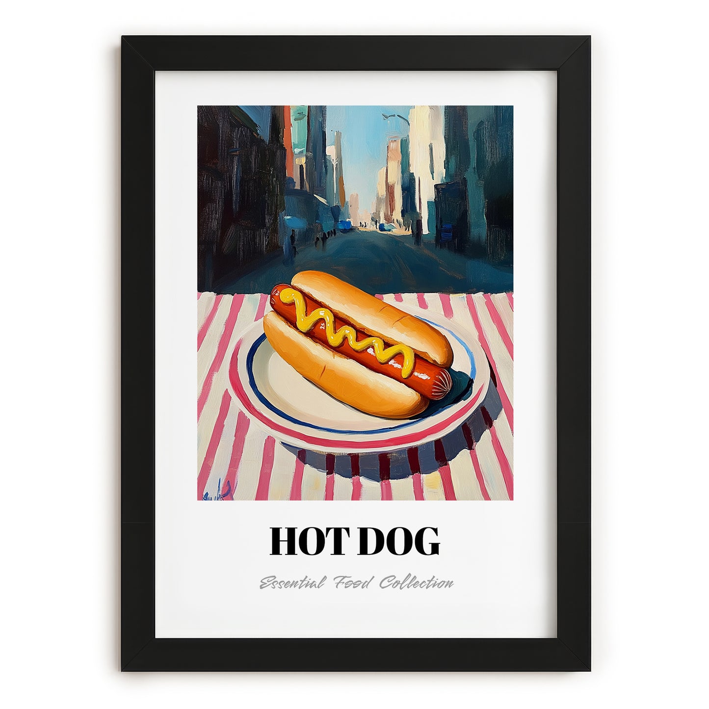 Hot Dog – New York Street Café Scene, American Food Still Life, in sleek black frame