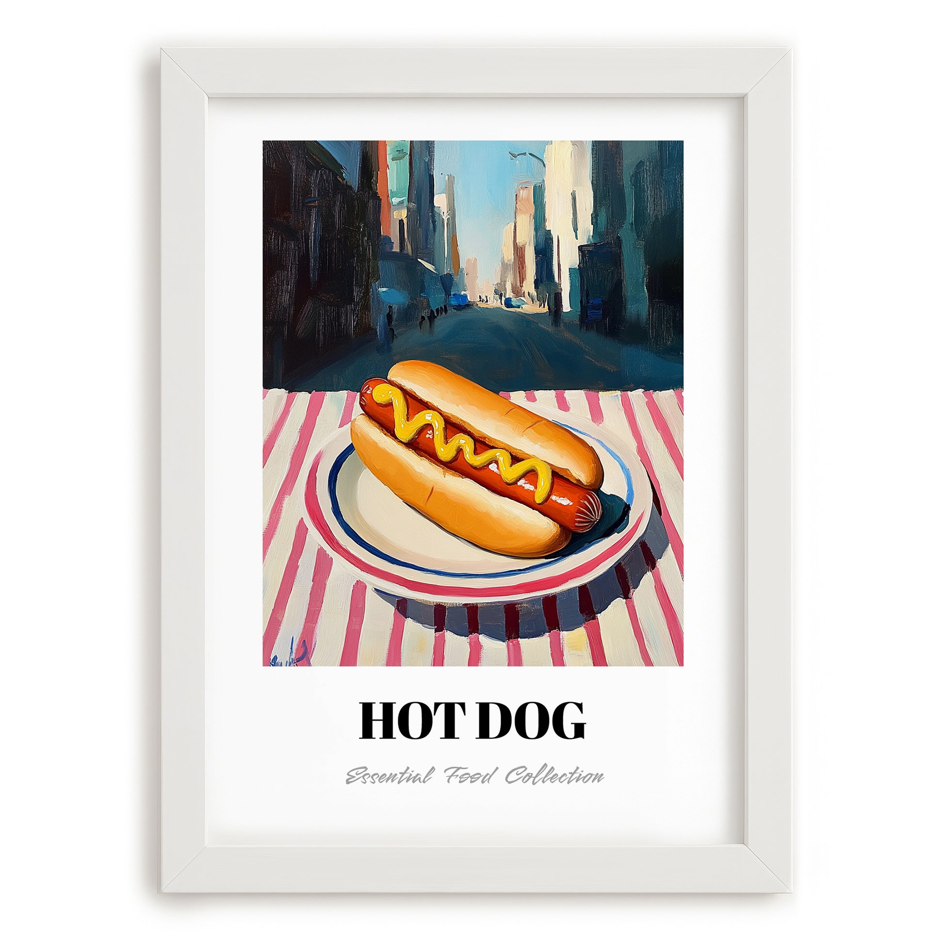 Hot Dog – New York Street Café Scene, American Food Still Life, placed in minimal white frame