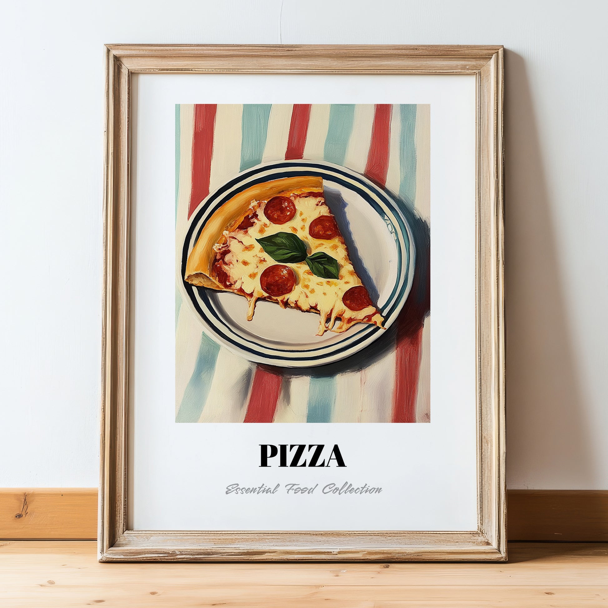 Pizza – on Striped Tablecloth, Italian Pizza Wall Decor, in wooden frame leaning on the floor