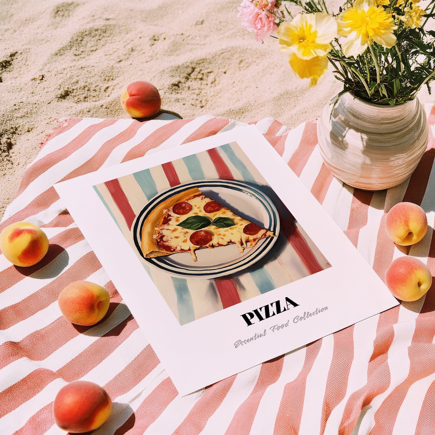 Pizza – on Striped Tablecloth, Italian Pizza Wall Decor, unframed on coastal sand