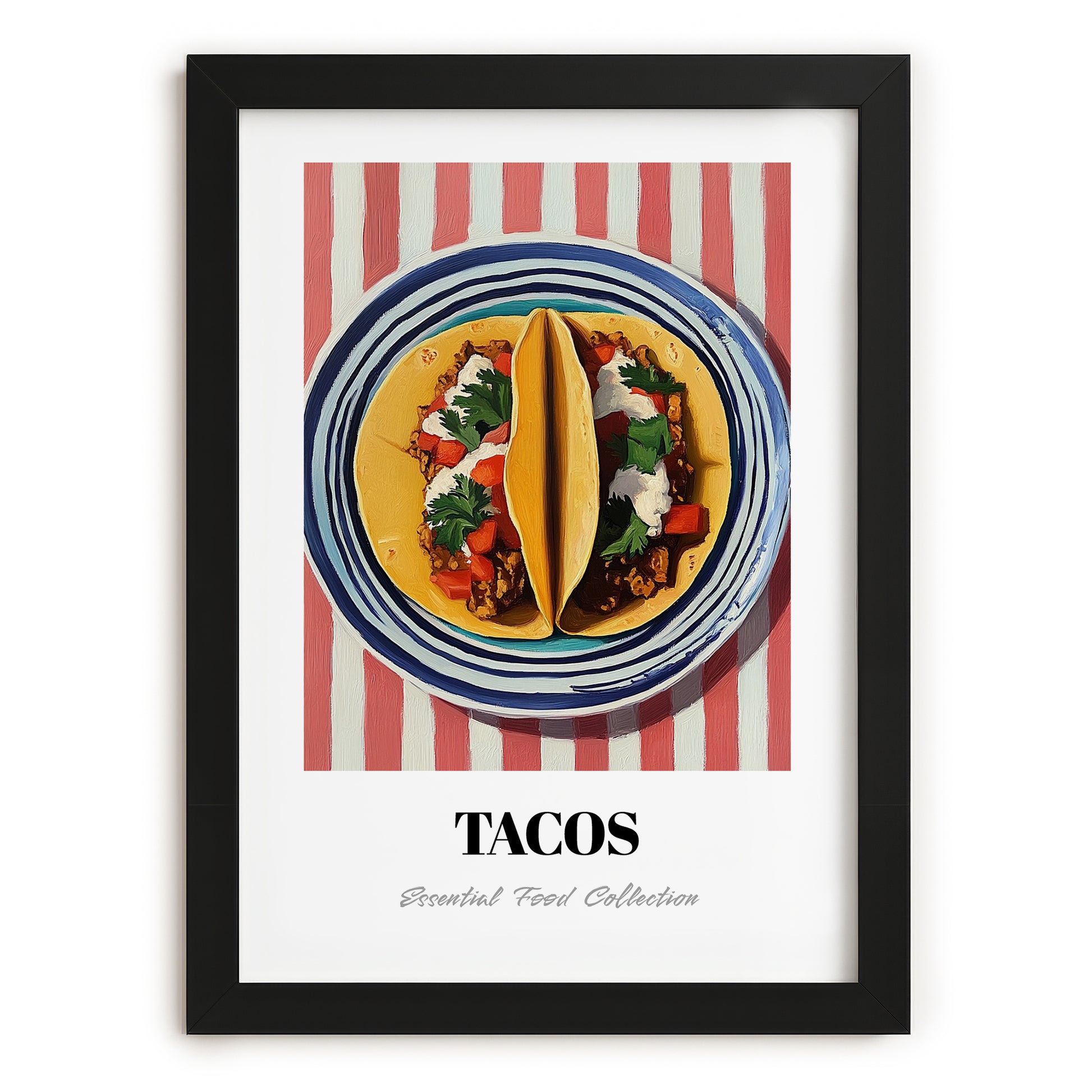 Tacos – on Striped Tablecloth, Mexican Food Art, in sleek black frame
