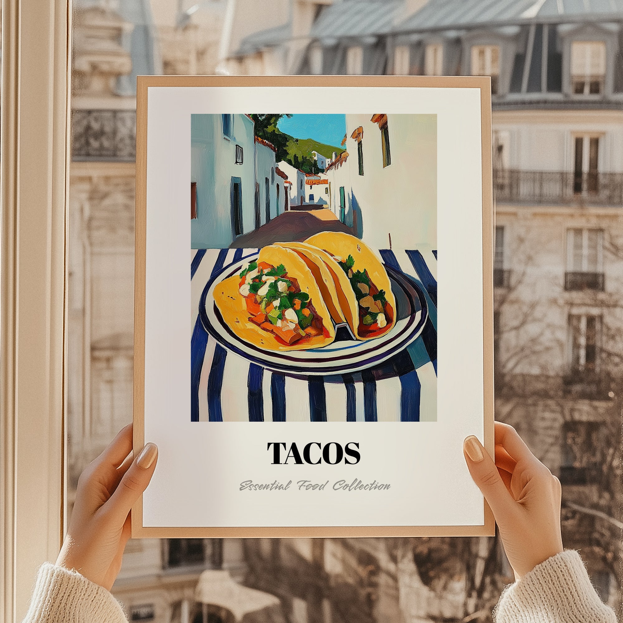 Tacos – White village Outdoor Café Scene, Mexican Food Painting, styled in a charming Paris street view