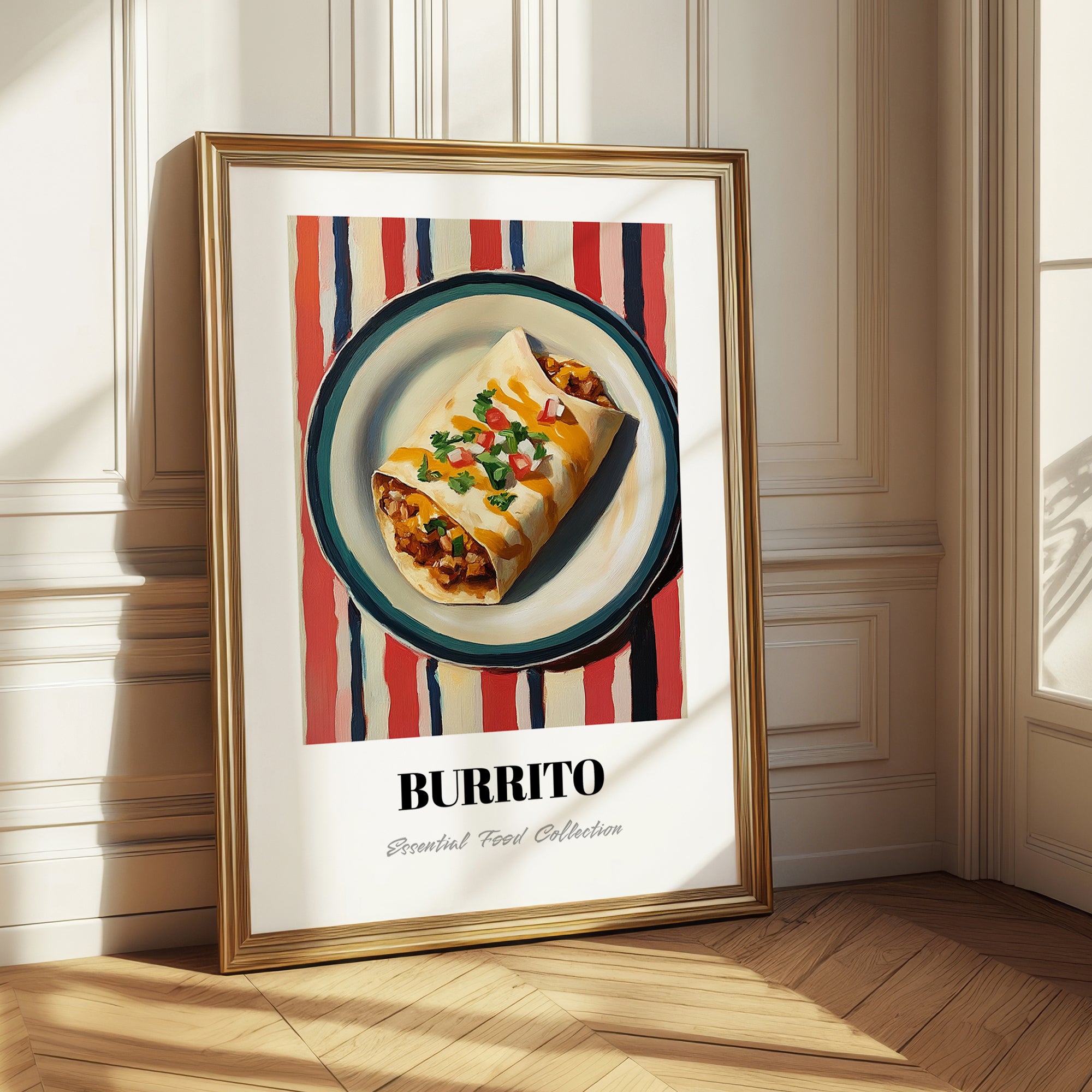 Burrito – on Striped Tablecloth, Mexican Food Wall Art