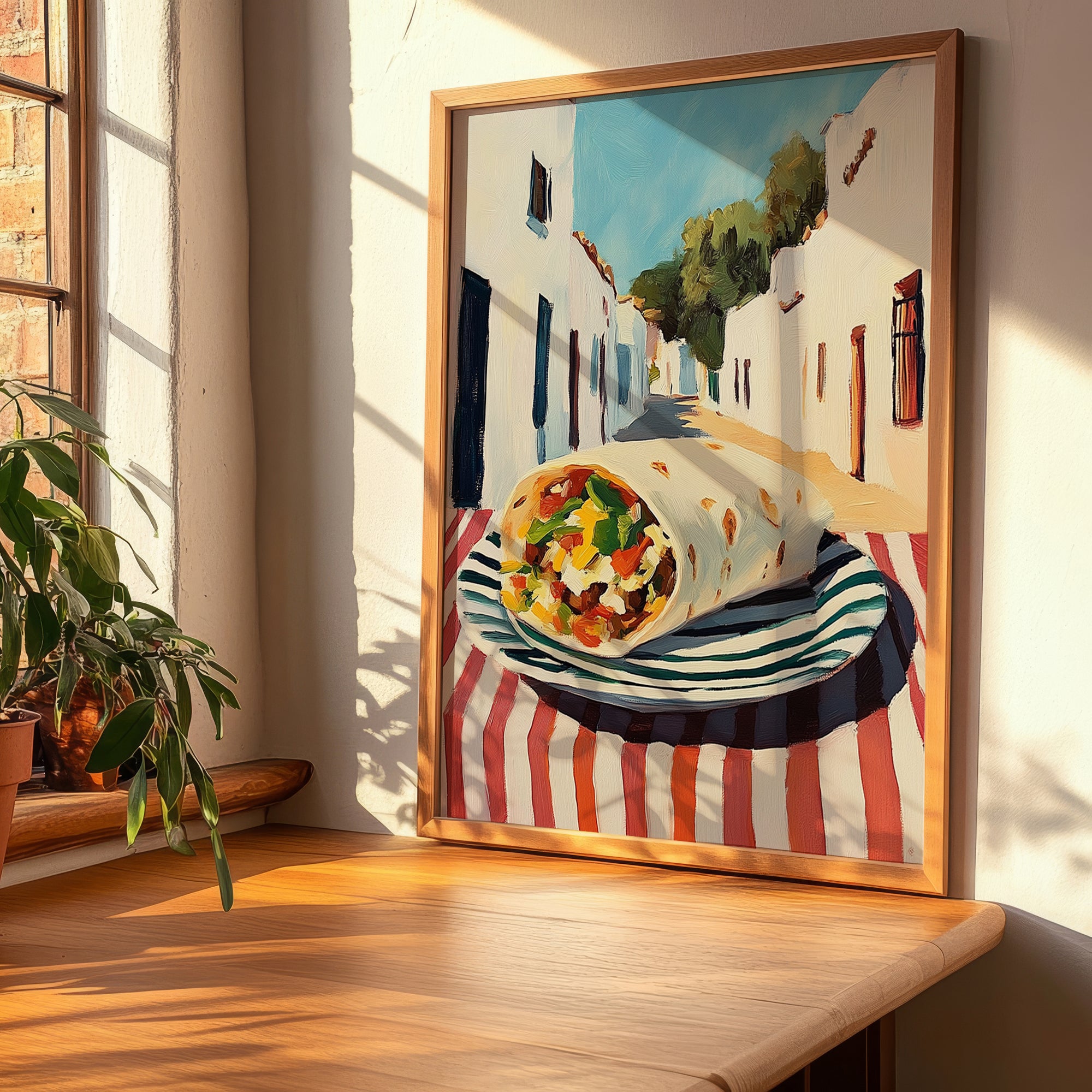 Burrito – White village Street Café Scene, Mexican Food Wall Art, clean layout with no caption