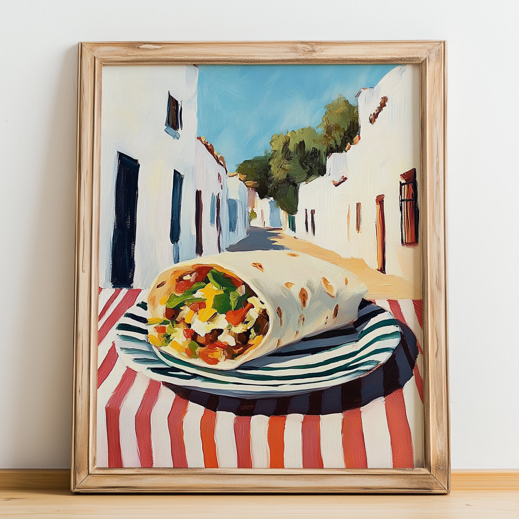 Burrito – White village Street Café Scene, Mexican Food Wall Art, no-text version framed in wood