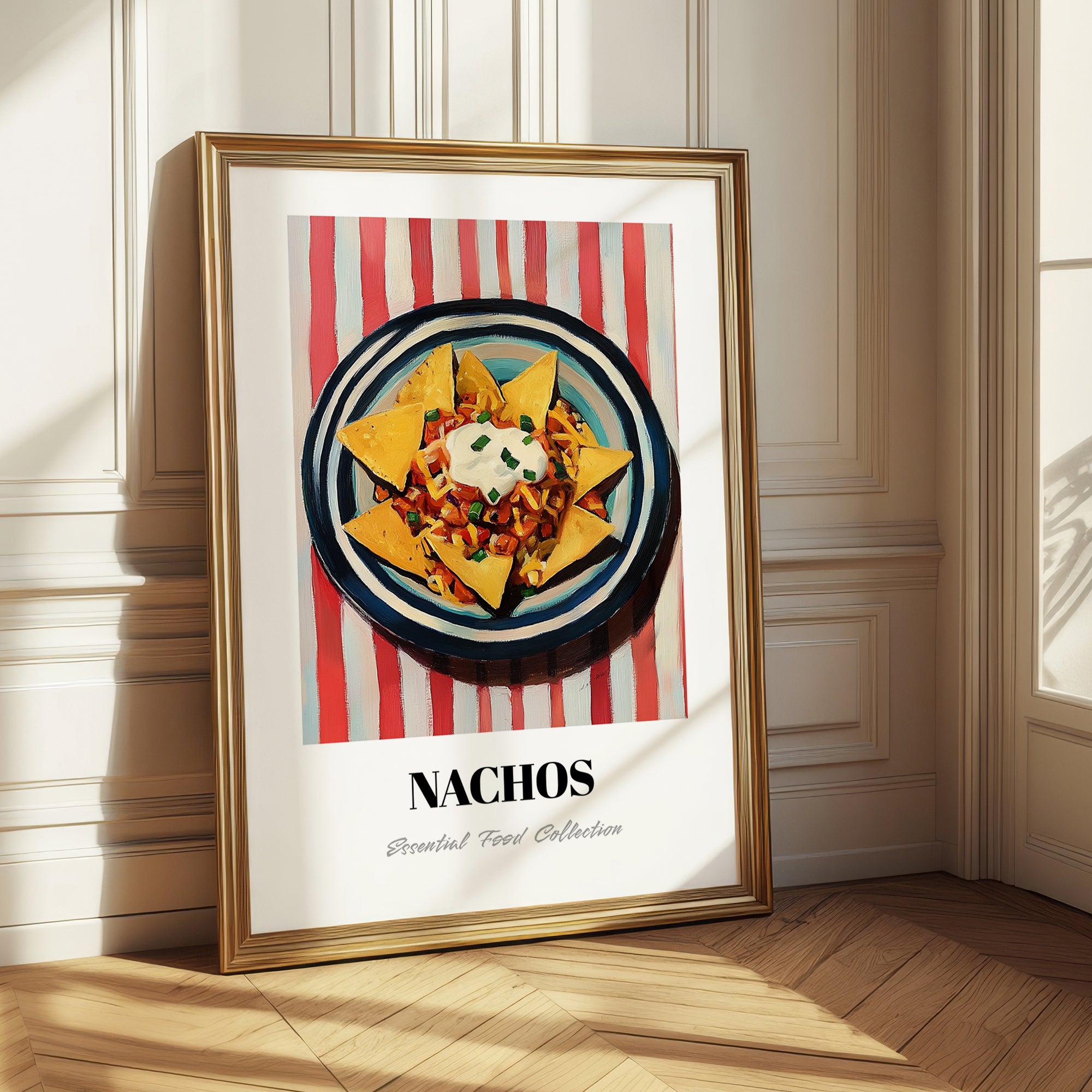 Nachos – on Striped Tablecloth, Mexican Cheese Wall Decor 