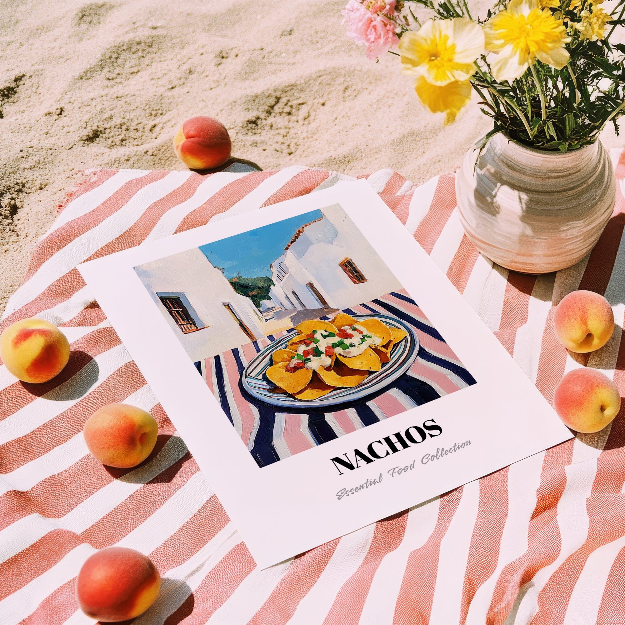 Nachos – White village Café on the Corner, Mexican Cheese Illustration, unframed on coastal sand