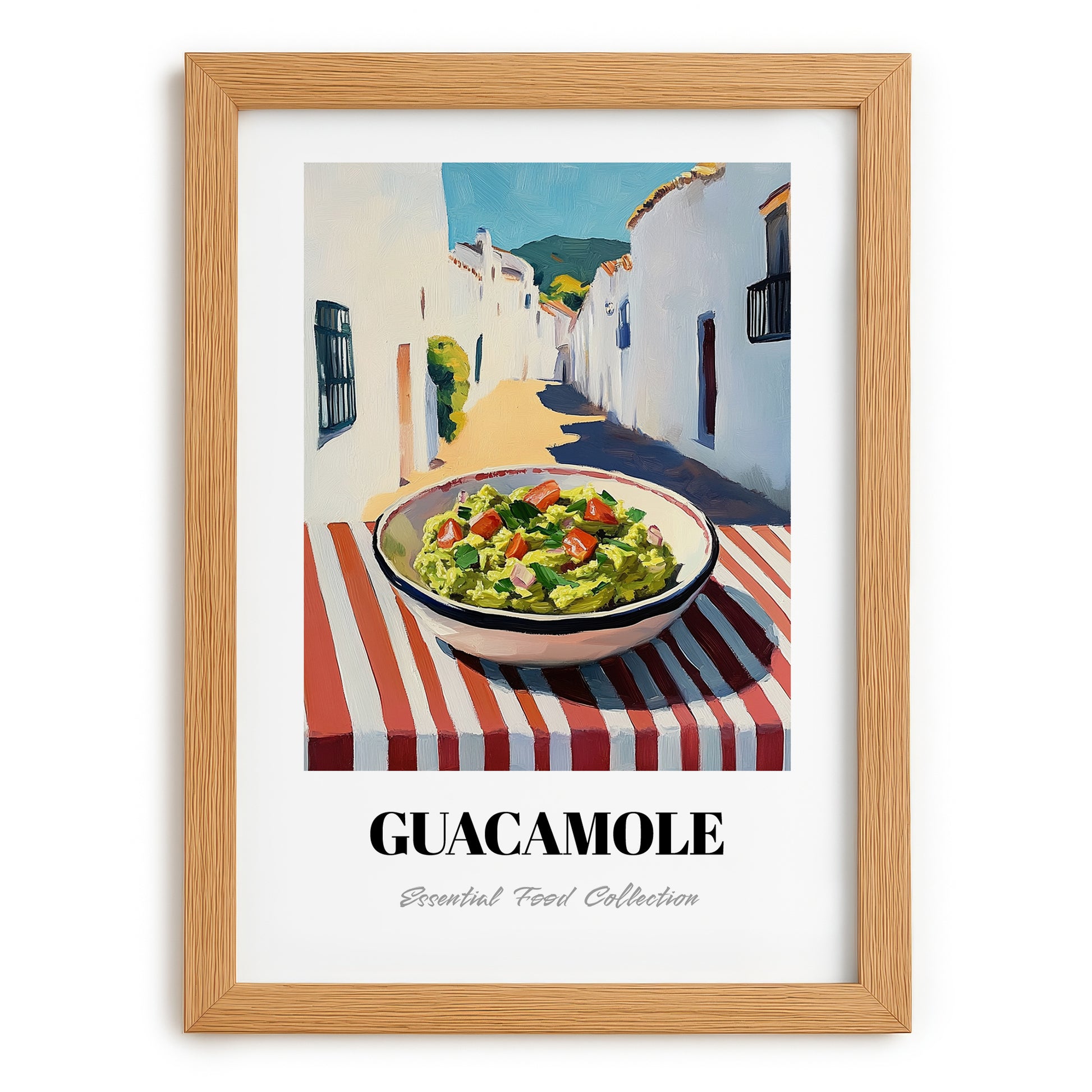 Guacamole – White village Outdoor Café Scene, Mexican Food Painting, set in oak frame