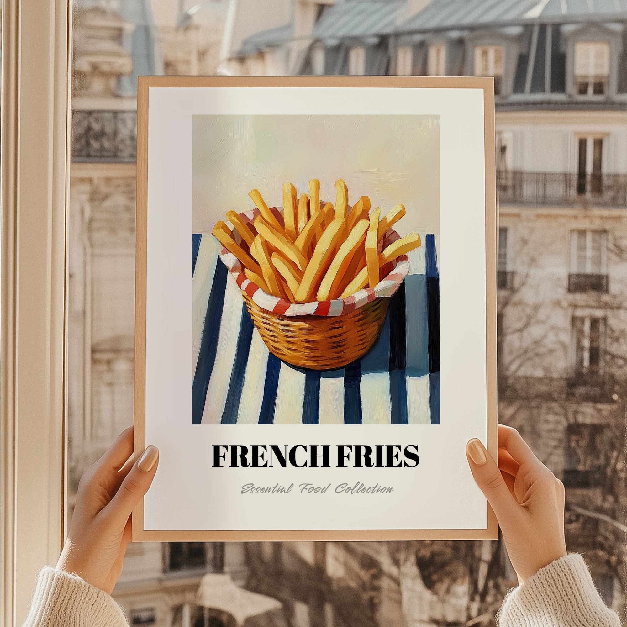 French Fries – on Striped Tablecloth, American Food Painting, styled in a charming Paris street view