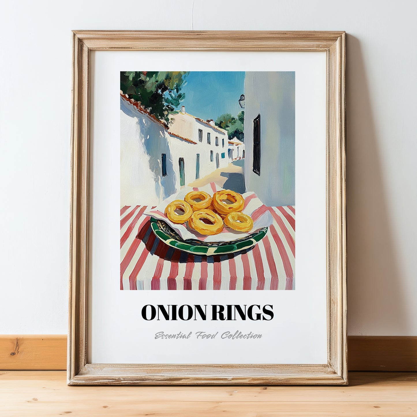 Onion Rings – White village Café on the Corner, American Food Wall Decor, in wooden frame leaning on the floor